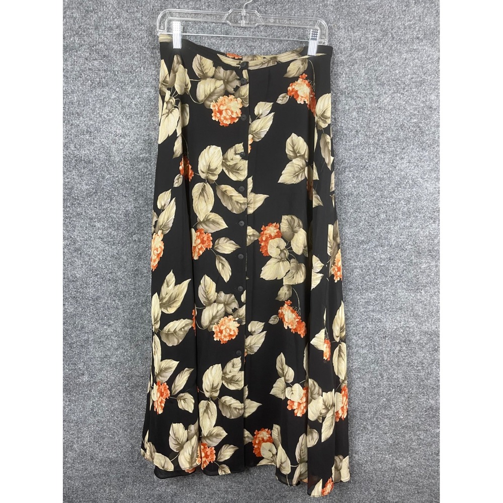 Dana B. and Karen Maxi Skirt Women 10 Silk Black Orange Floral Button